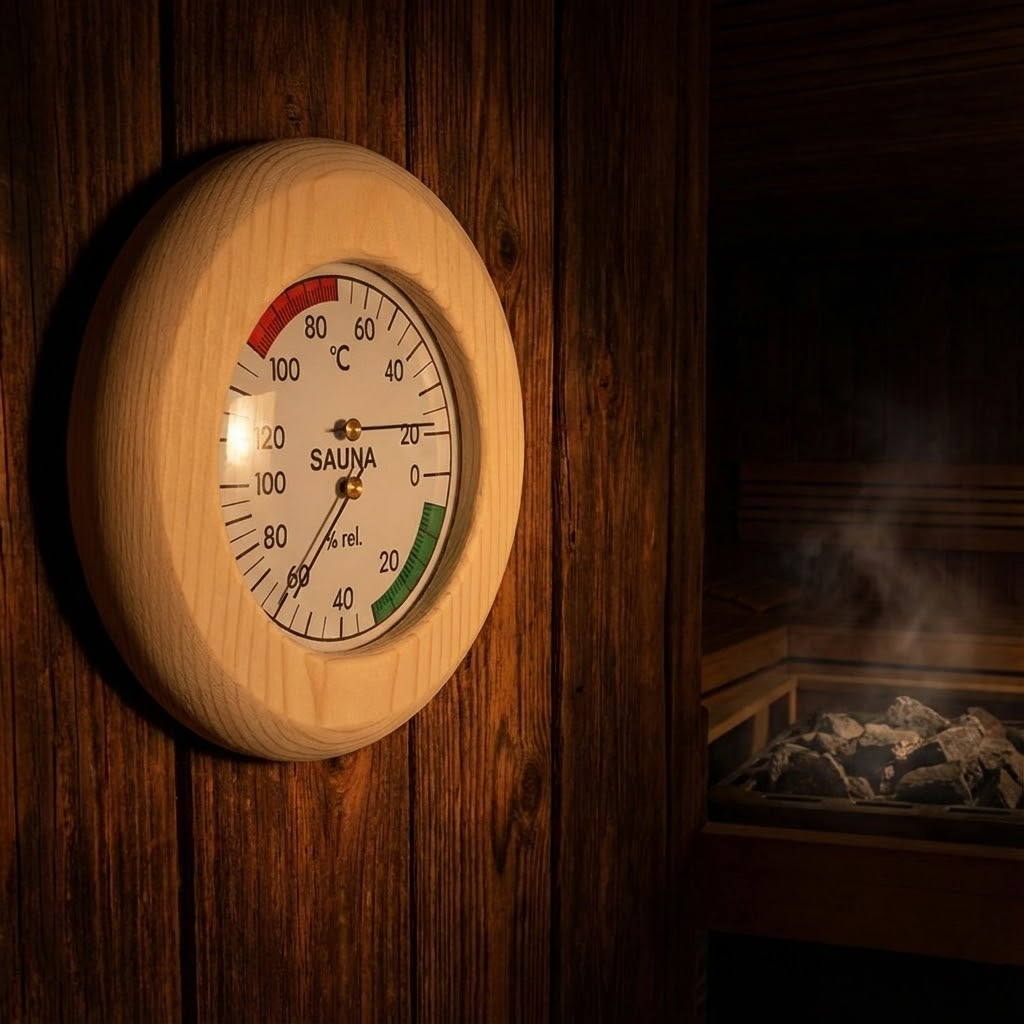 Termo-hygrometer för bastu upphängd på trävägg